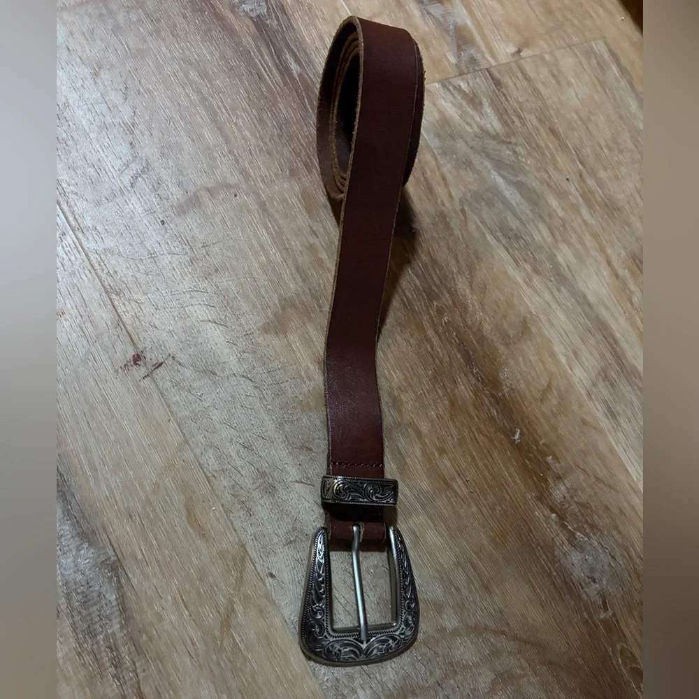 Urban Outfitters Brown Leather Belt with Engraved Silver Buckle